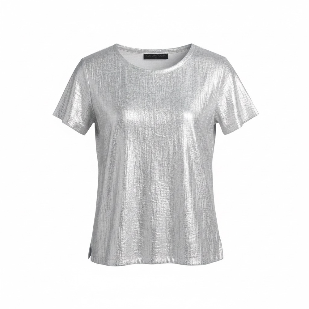 Norma Kamali Metallic Silver Short Sleeve Scoop Neck T Shirt Top Size Small